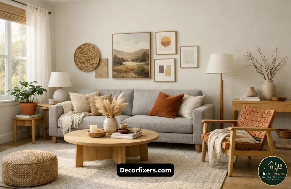 Calm living room with neutral white and beige Scandinavian color palette