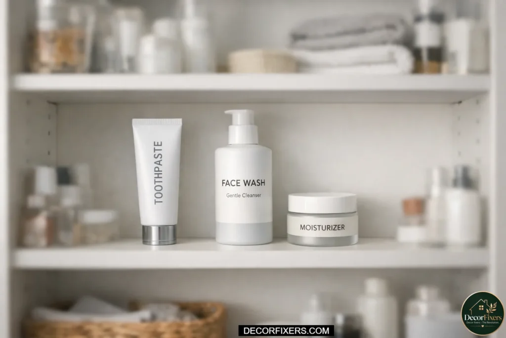 Organized bathroom shelf with daily essentials at eye level minimalist setup