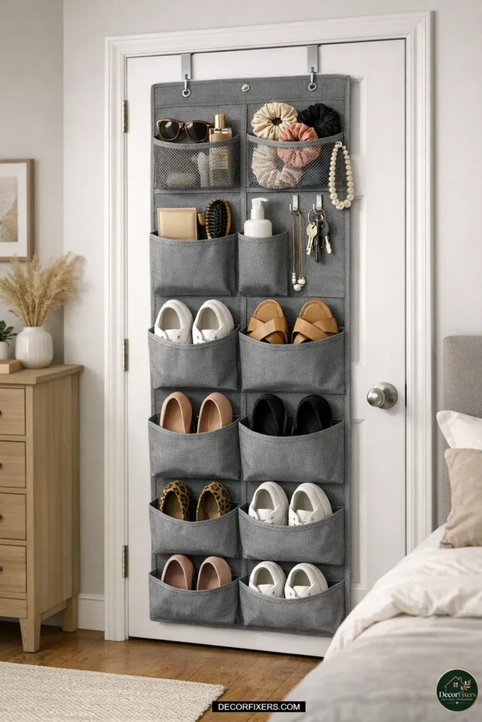 Over-door storage organizer used to hold shoes and accessories in a small bedroom.