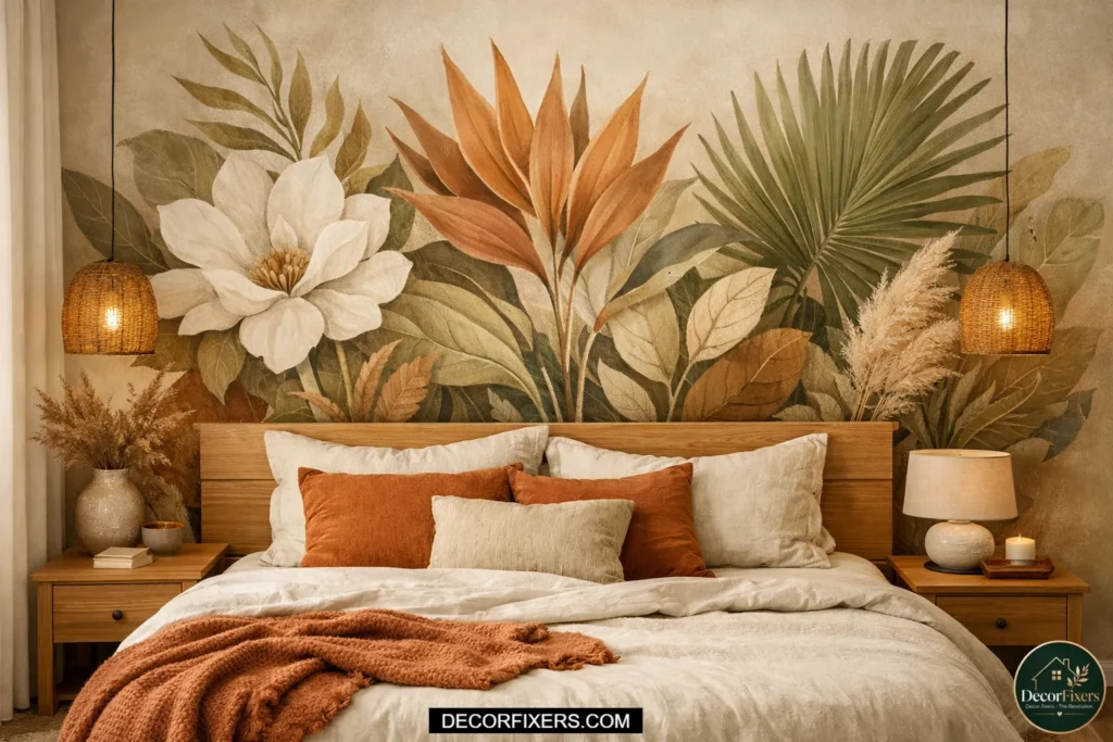 Cozy bedroom with botanical wall art