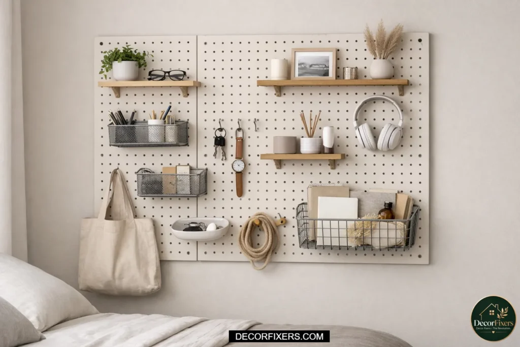 Pegboard wall used to organize accessories and small items.