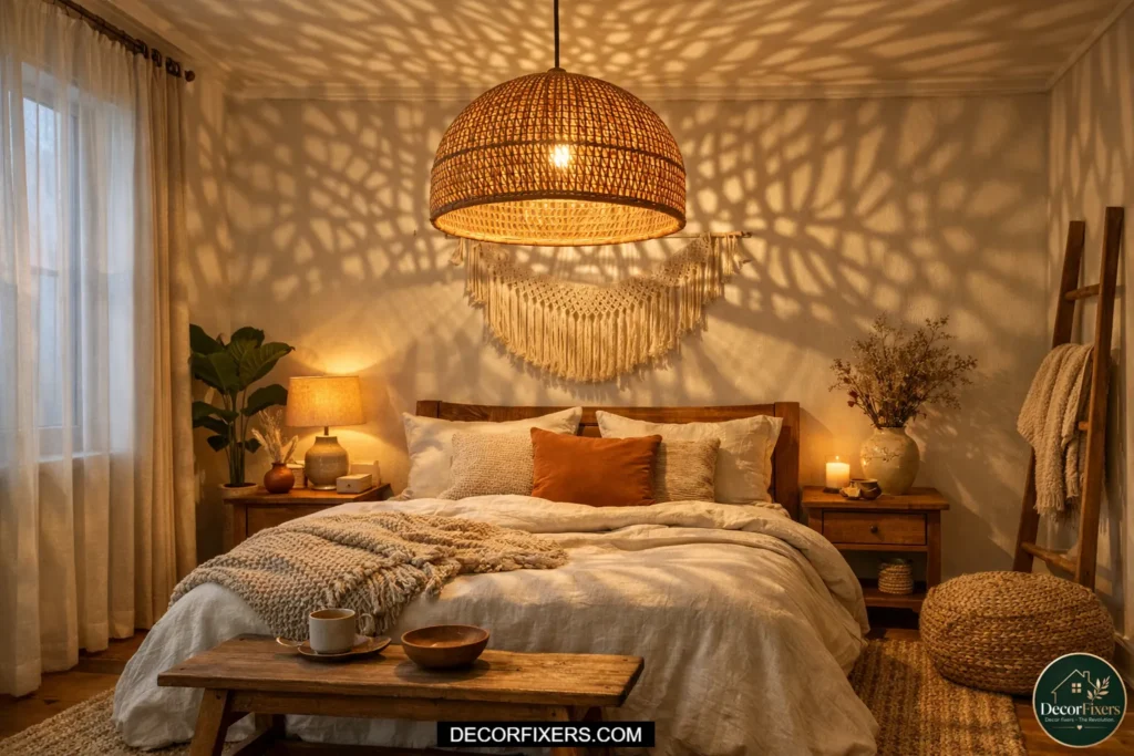 Cozy bedroom with rattan pendant light