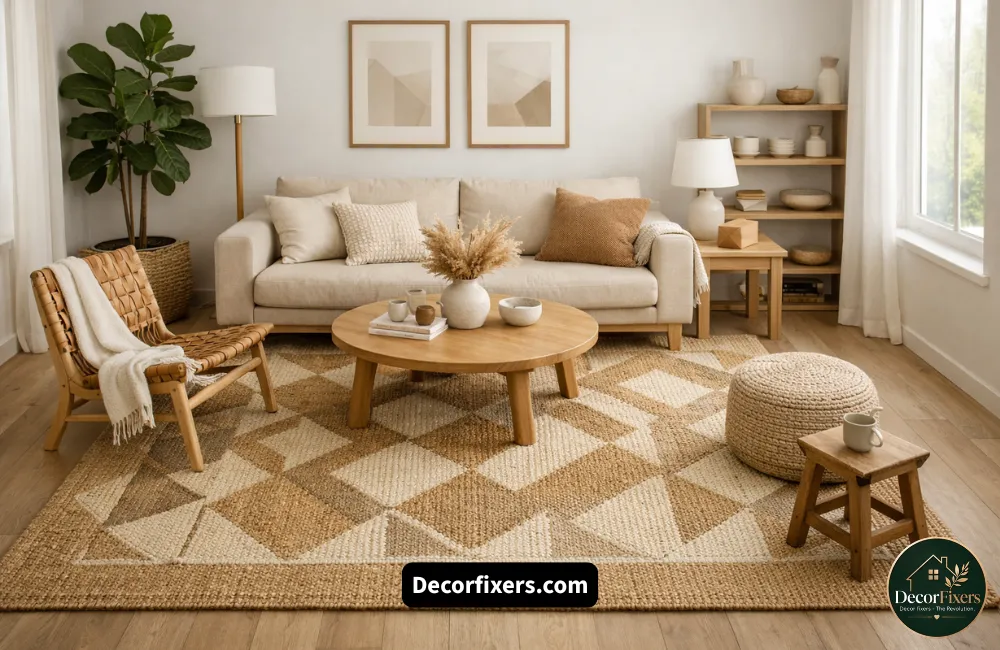 Scandinavian jute and geometric area rug defining zones in an open-plan living room