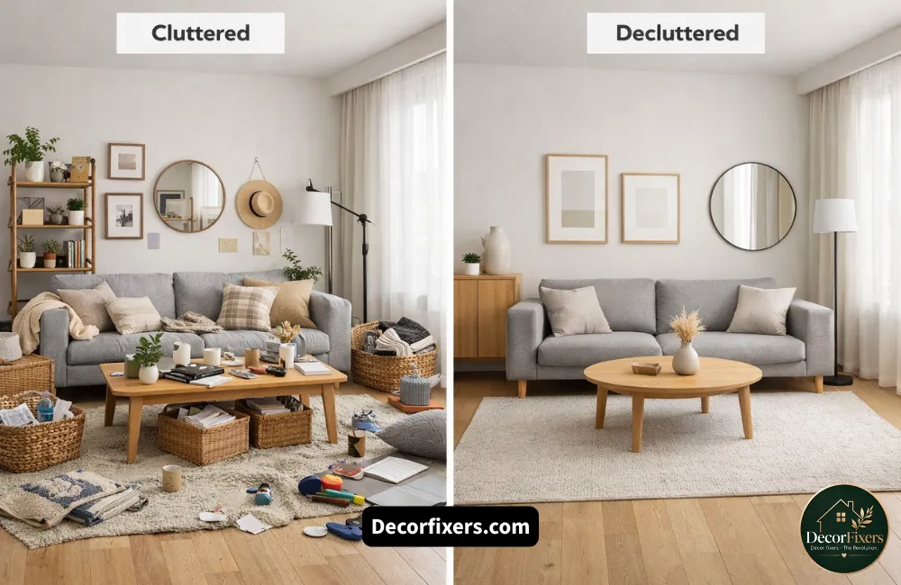 Clean Scandinavian living room avoiding over-decoration and heavy furniture mistakes