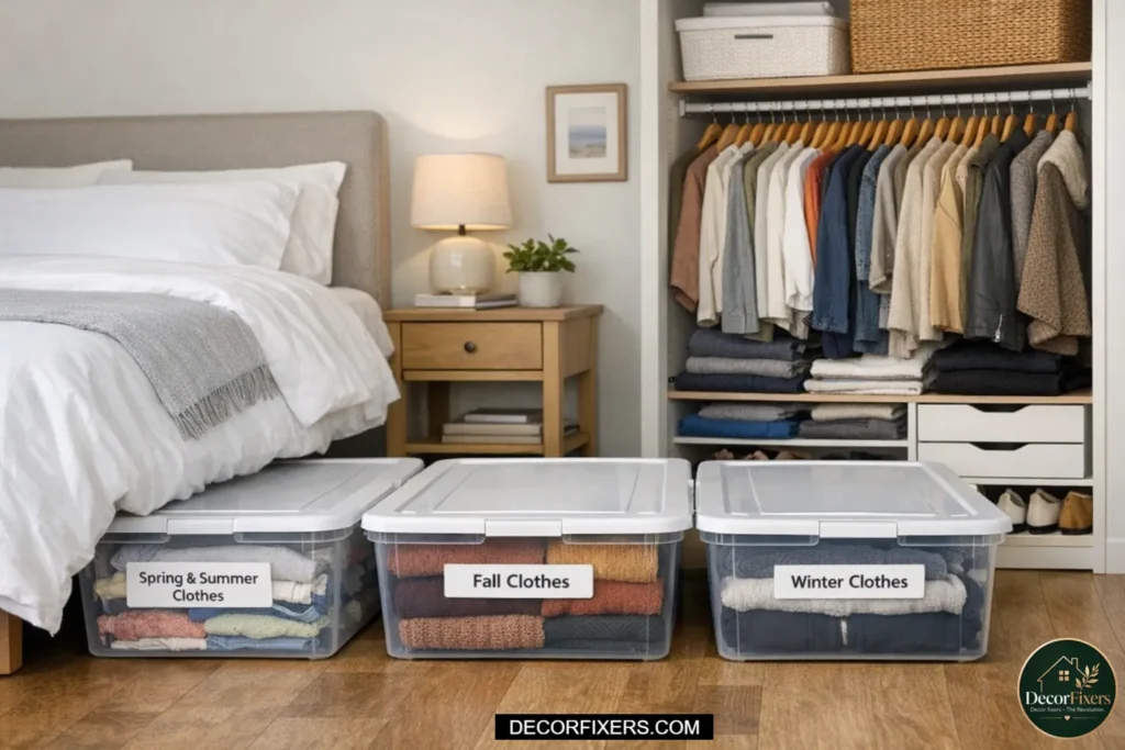 Seasonal clothing stored in labeled bins under the bed.