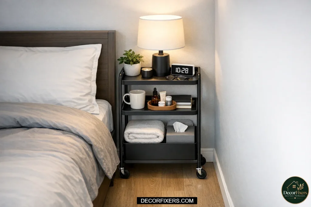 Slim rolling cart used as a space-saving nightstand alternative.