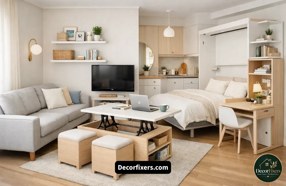Small Scandinavian living room with multifunctional space-saving furniture ideas