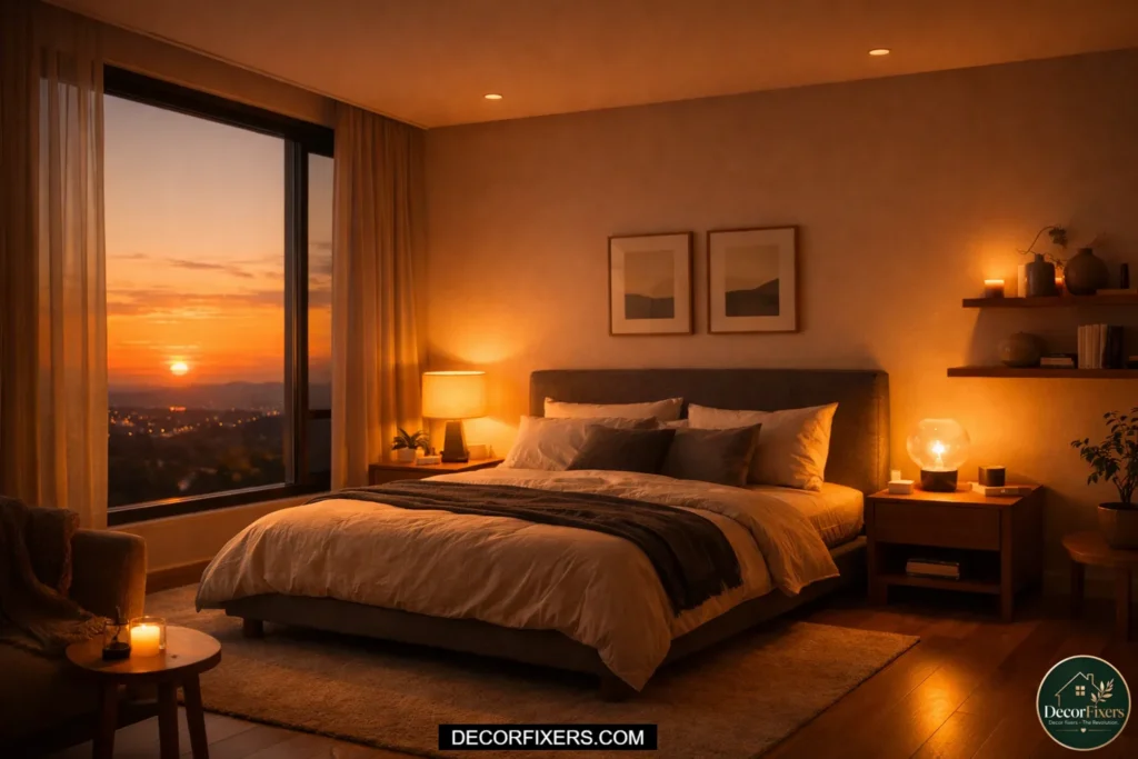Cozy bedroom with sunset view.