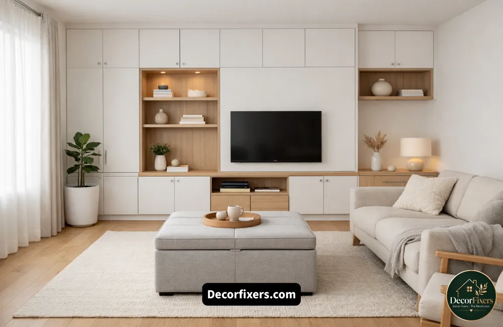 Decluttered Scandinavian living room with hidden smart storage and ottoman furniture