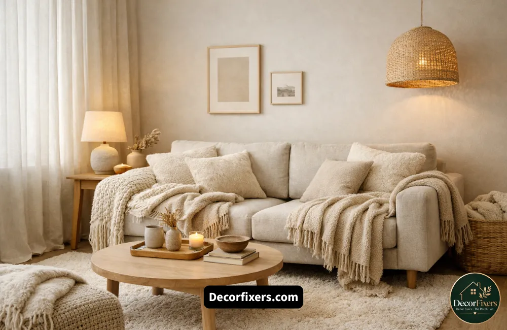Soft wool throws and linen curtains adding warmth and comfort to a Scandinavian living room
