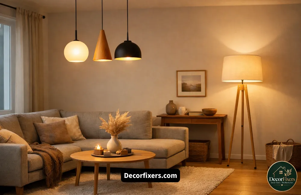 Warm pendant and floor lamps creating ambient Scandinavian living room lighting
