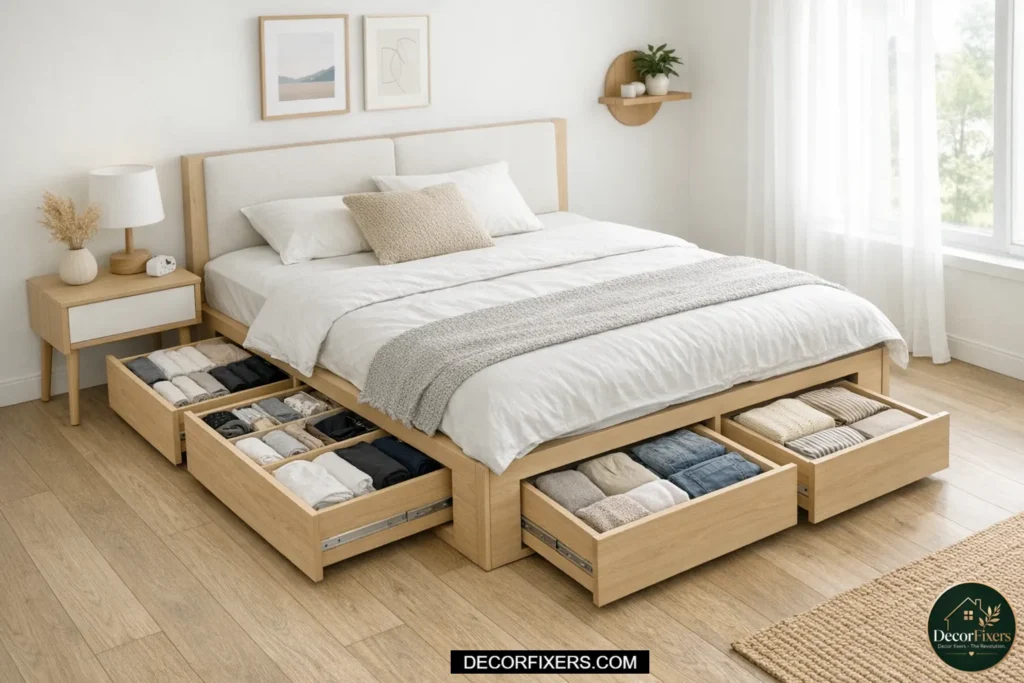 Storage bed with built-in drawers replacing a dresser in a compact bedroom.