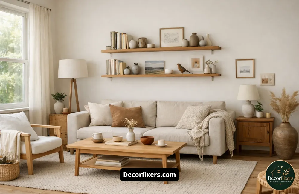 Personalized Scandinavian living room with books, ceramics, and subtle decor details
