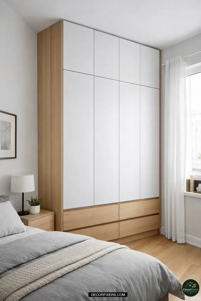 Tall wardrobe replacing a wide dresser to maximize vertical storage in a small room.
