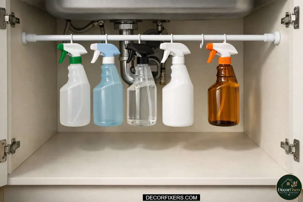 Spray bottles hanging from rod under bathroom sink