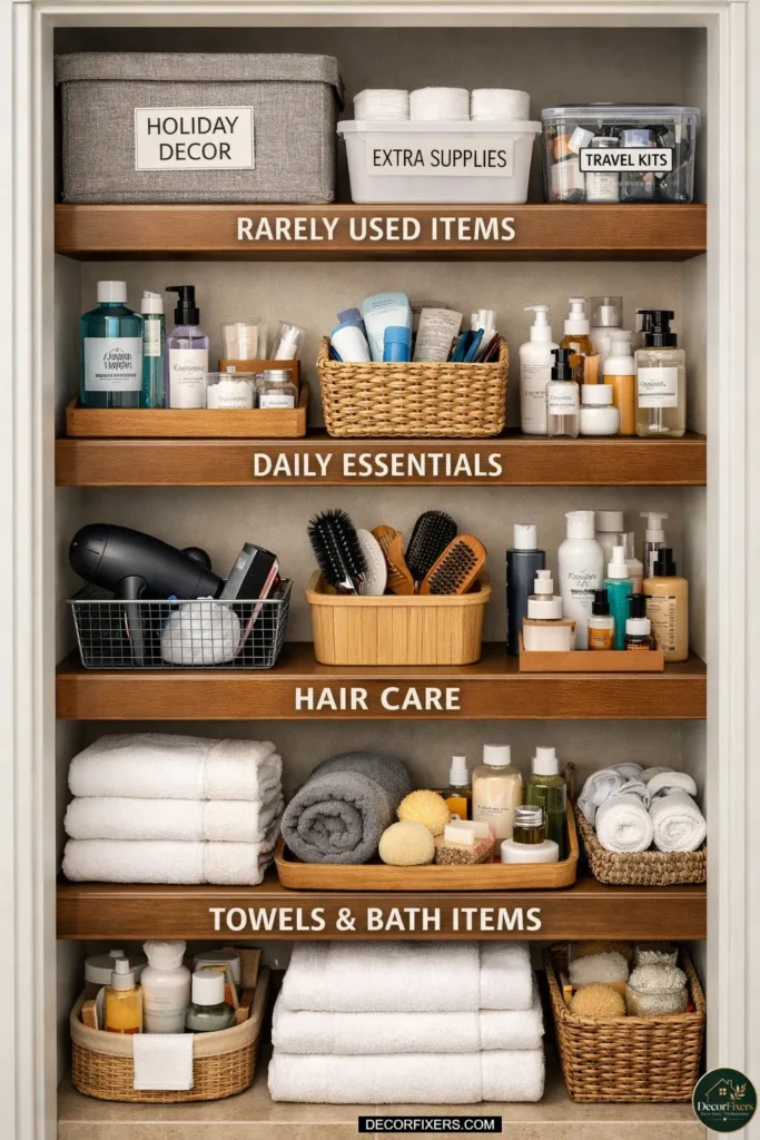 Top shelf storing rarely used bathroom items