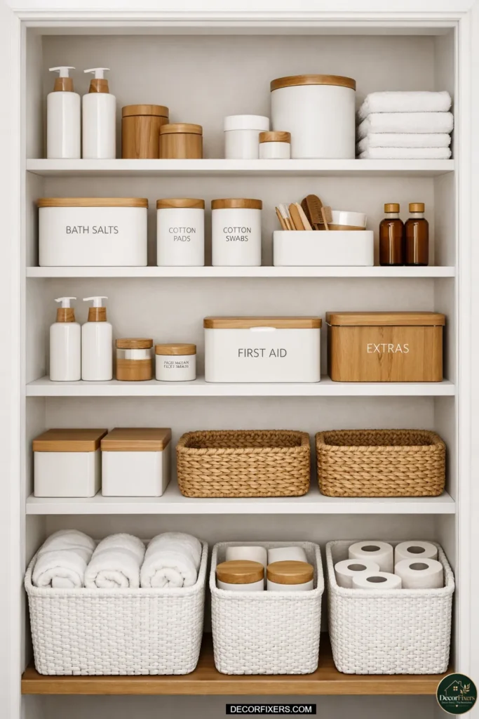 Two tone color palette for bathroom storage