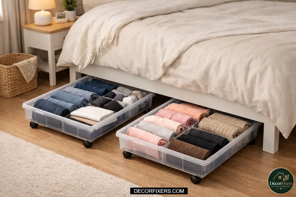 Rolling storage bins under the bed used for organizing clothes and seasonal items.