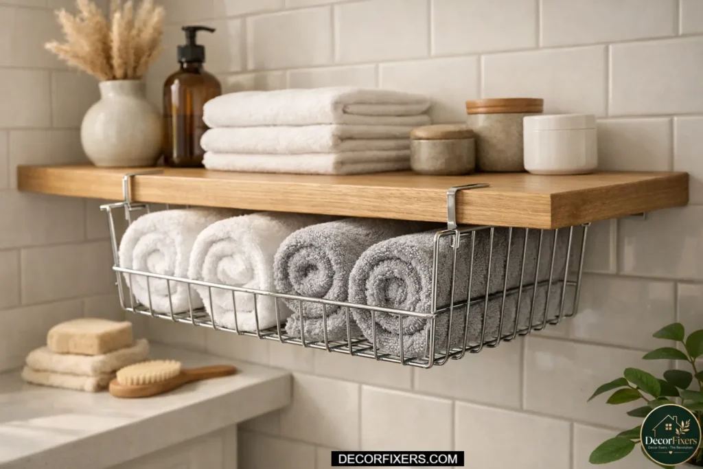 Hanging basket under shelf for extra bathroom storage