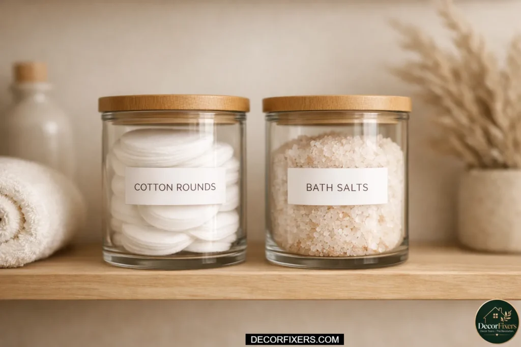 Matching glass jars for cotton pads and bathroom storage
