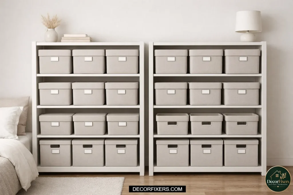 Uniform storage bins creating a visually organized and clean look.