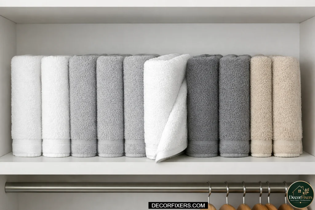 Towels stored vertically in bathroom closet