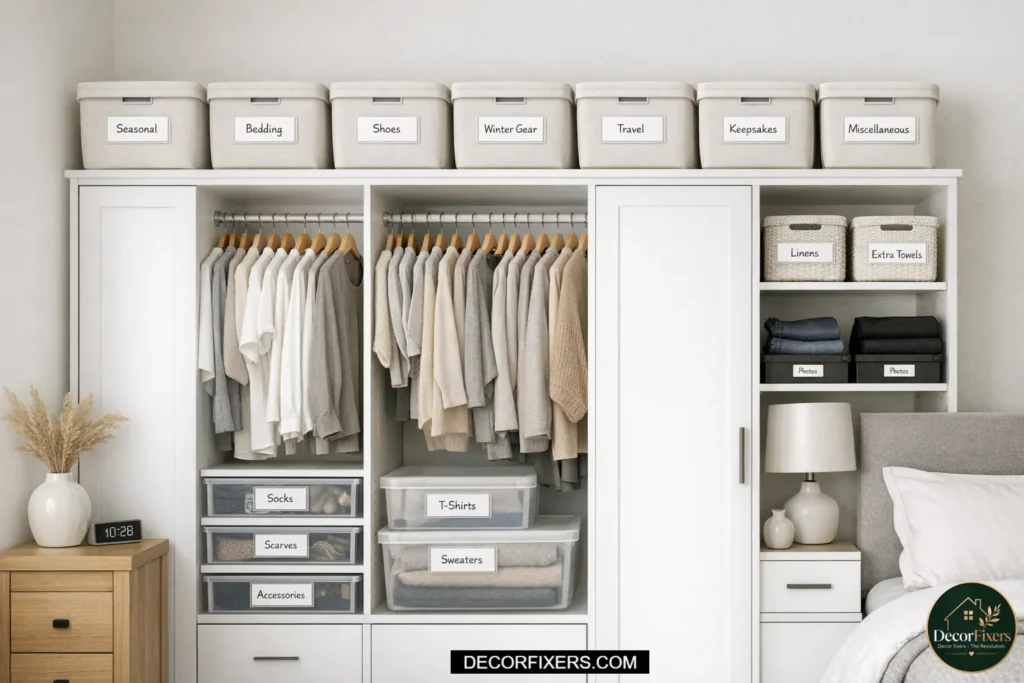 Storage bins placed above wardrobe to utilize unused vertical space.