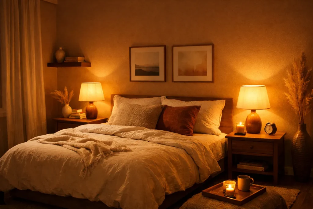Cozy bedroom with warm lighting.