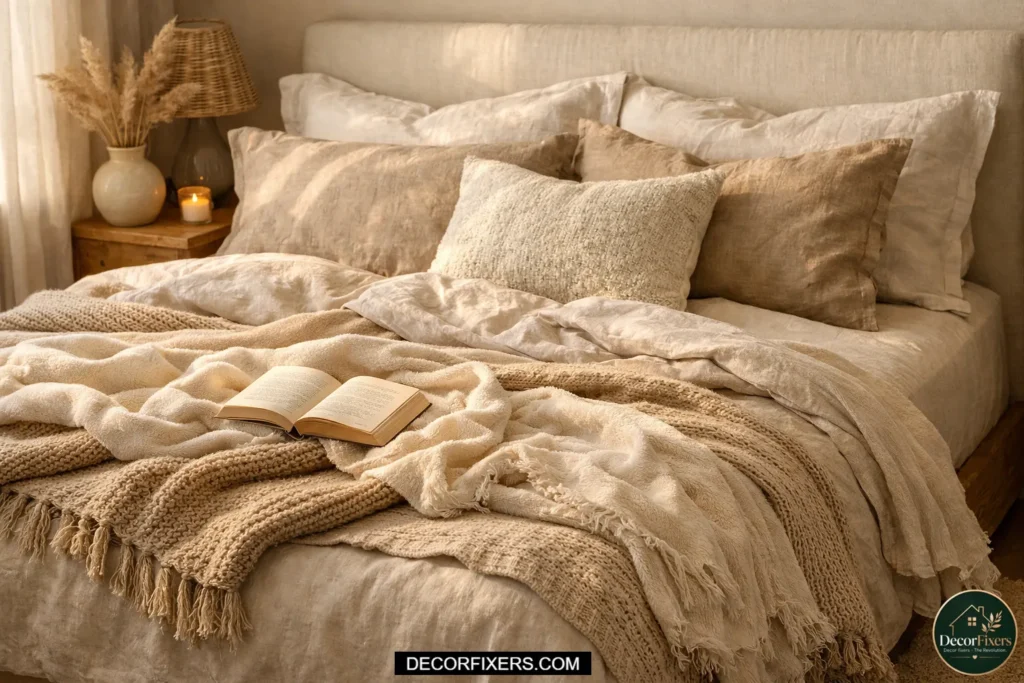 Cozy bed with neutral tones and textures.