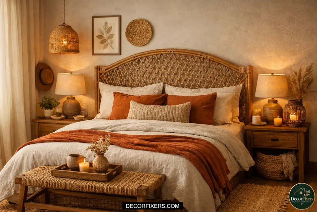 Cozy, warm-toned bedroom with natural decor.