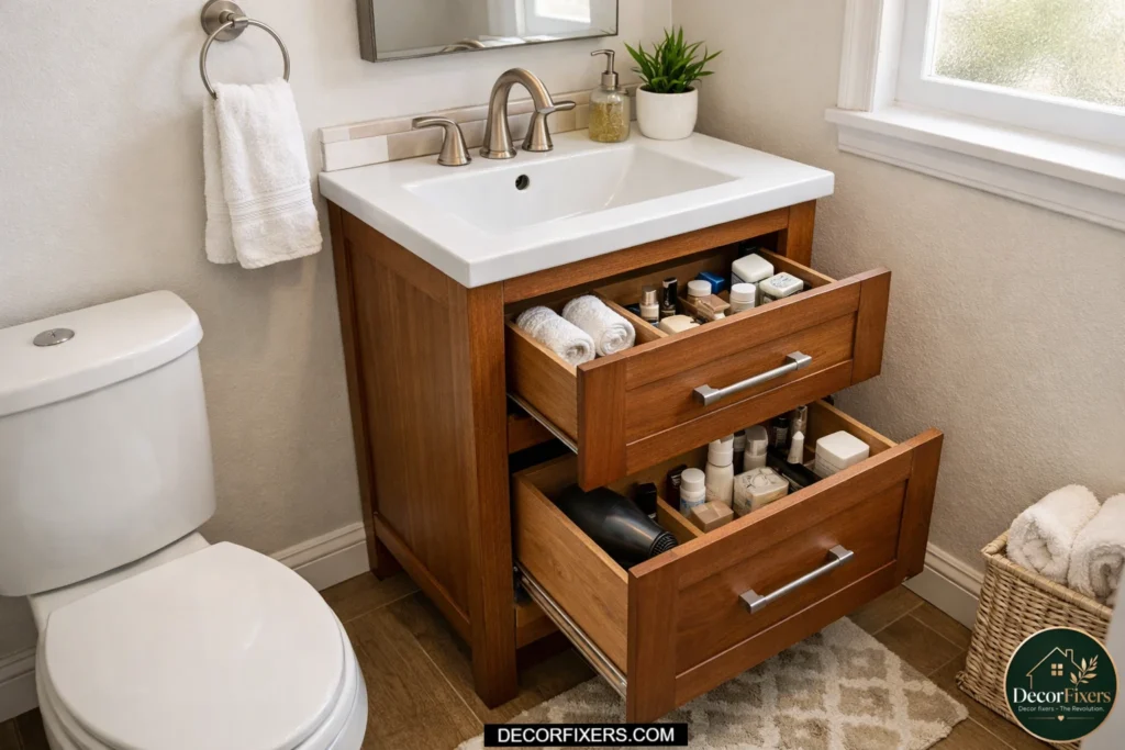 Compact 24-inch bathroom vanity with storage drawers for small spaces