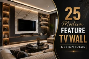 A modern living room featuring a stunning TV wall design with built-in panels, LED lighting, and integrated storage units