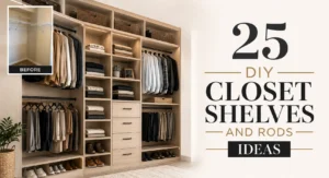 Modern DIY closet system with shelves, rods, shoe storage, and title text for feature image