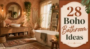 Earthy boho bathroom with terracotta walls, rattan mirror, layered rugs, hanging plants, and warm ambient lighting