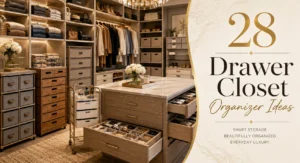 Luxury walk-in closet featuring stylish drawer organizer ideas with modern storage systems.