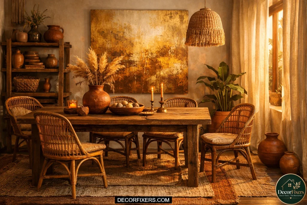 Gold abstract wall art in cozy boho dining room.