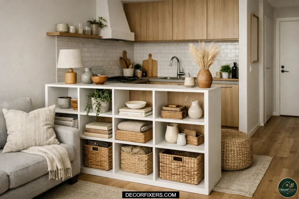 Half-height bookcase dividing a small open-plan kitchen
