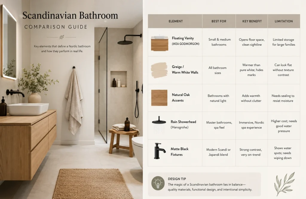 Scandinavian bathroom comparison infographic with Nordic bathroom elements, floating vanity, greige walls, rain shower, and matte black fixtures.