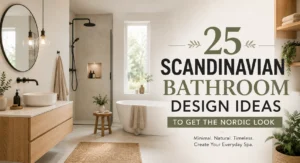Scandinavian bathroom with floating oak vanity, freestanding tub, matte black fixtures, warm neutral tones, and minimalist Nordic spa-inspired design with title overlay on the right.