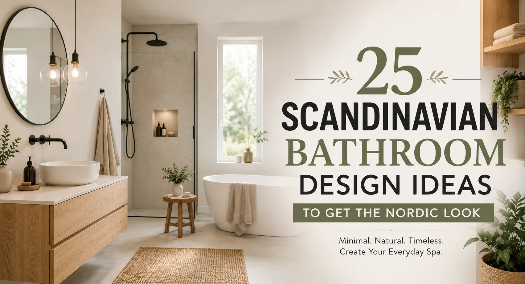Scandinavian bathroom with floating oak vanity, freestanding tub, matte black fixtures, warm neutral tones, and minimalist Nordic spa-inspired design with title overlay on the right.