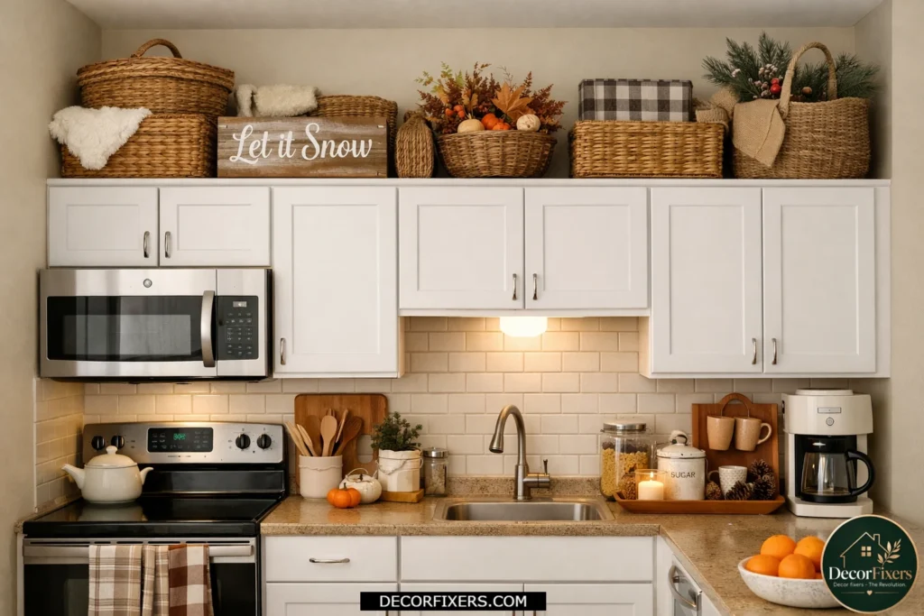 Storage baskets and bins placed above kitchen cabinets for extra space.