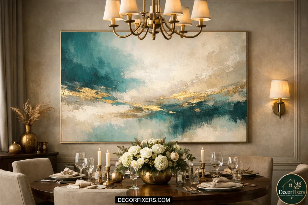 Teal abstract art with gold accents in luxury dining room.