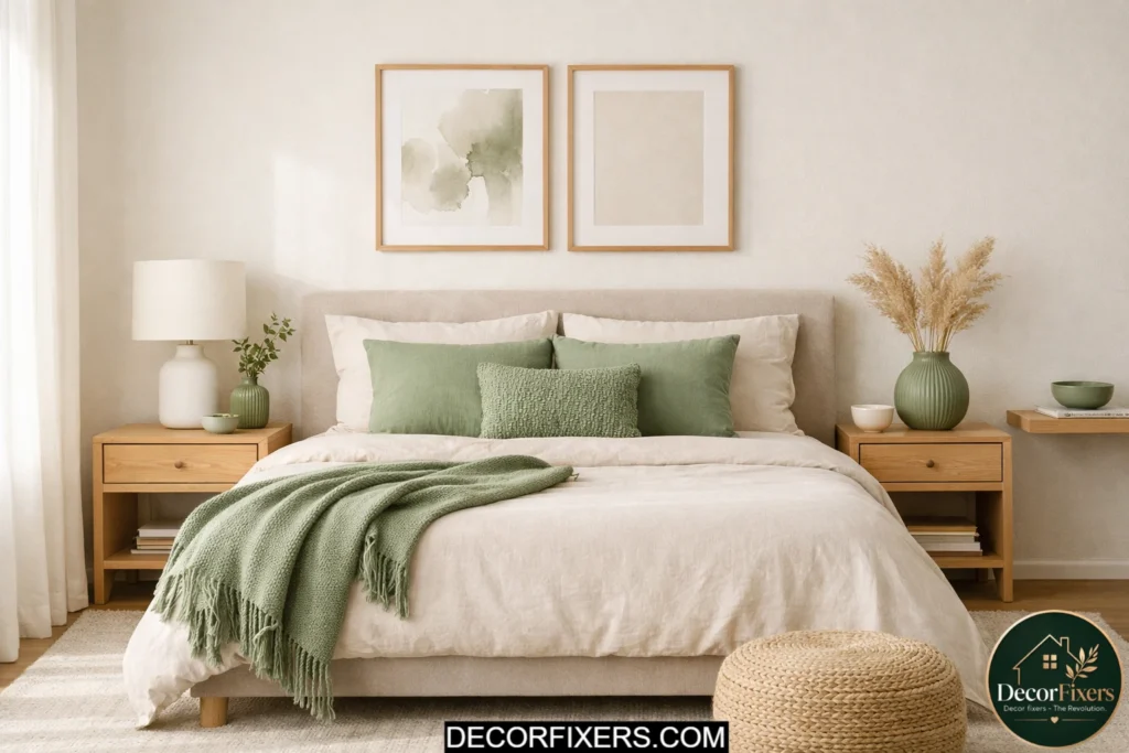 Sage green accent decor creating a cohesive modern bedroom color palette