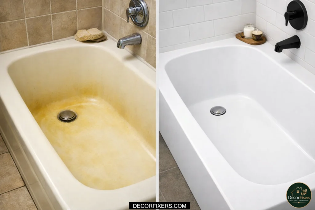 Yellowing acrylic bathtub compared to durable white stone bathtub in modern bathroom