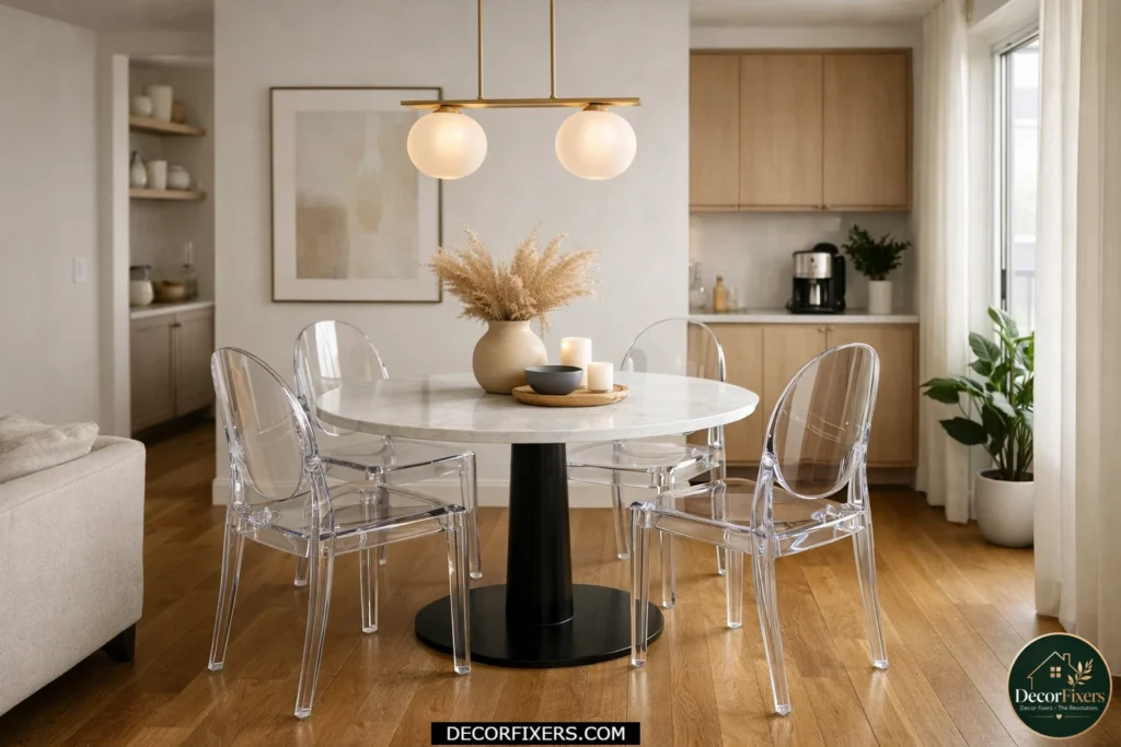 Small dining room with transparent acrylic chairs that visually open the space.