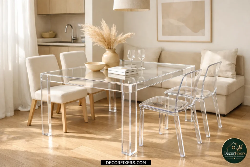 Clear acrylic dining table creating visual openness in a compact dining space.