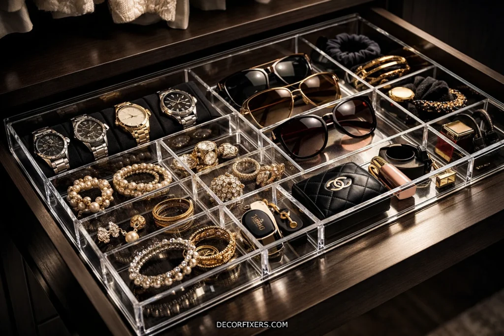 Acrylic drawer organizer trays for accessories.
