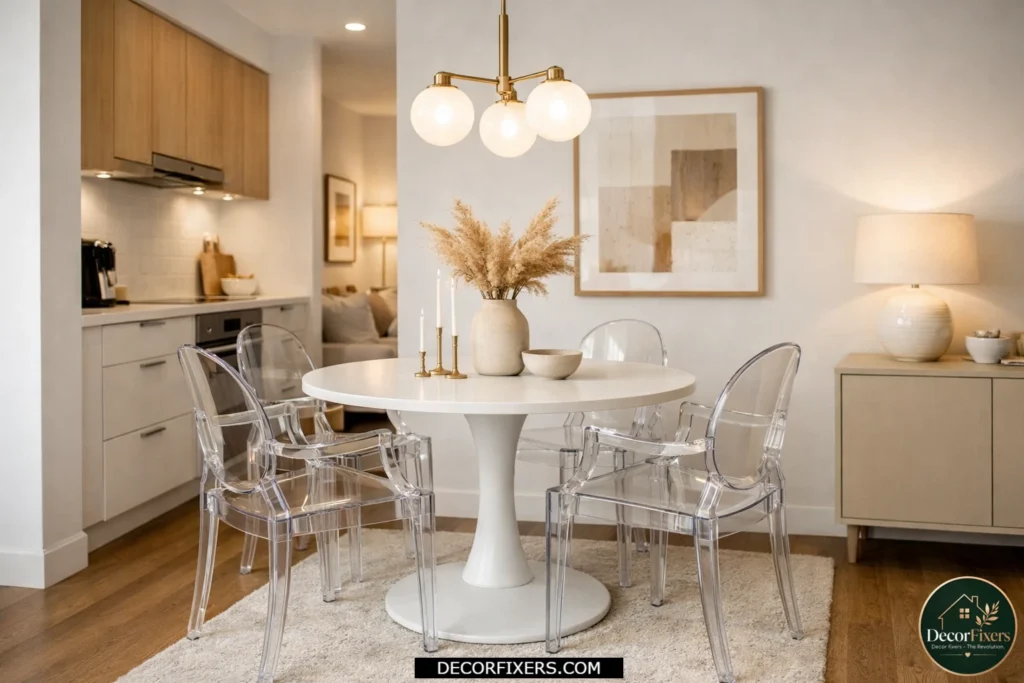 Tiny dining room using transparent acrylic ghost chairs to keep the space visually open.