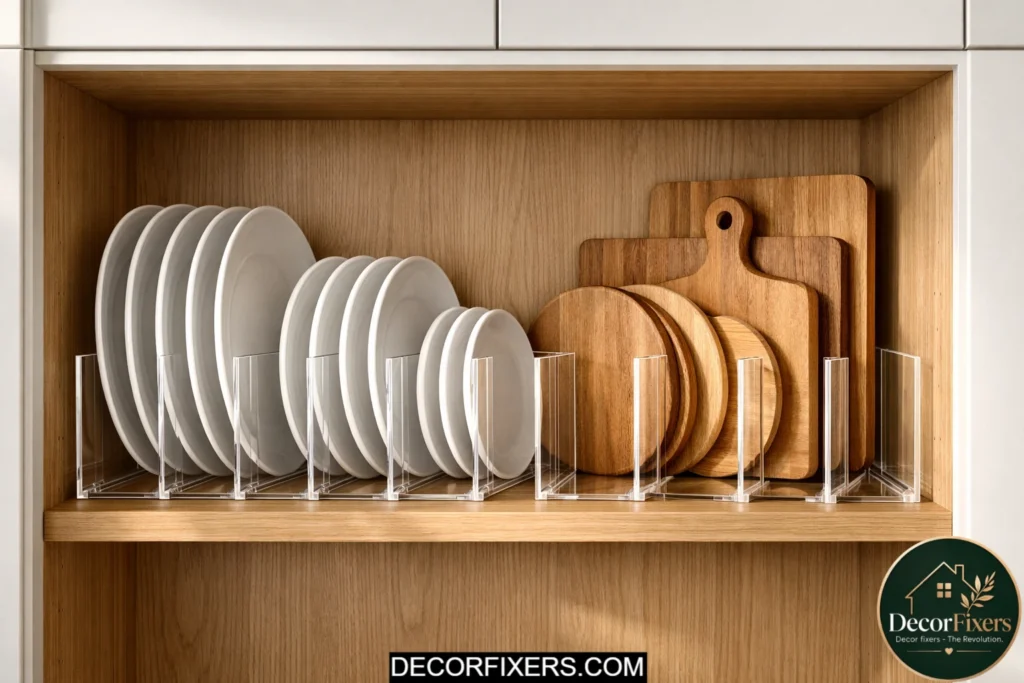 Clear acrylic shelf dividers organizing plates and cutting boards in cabinets