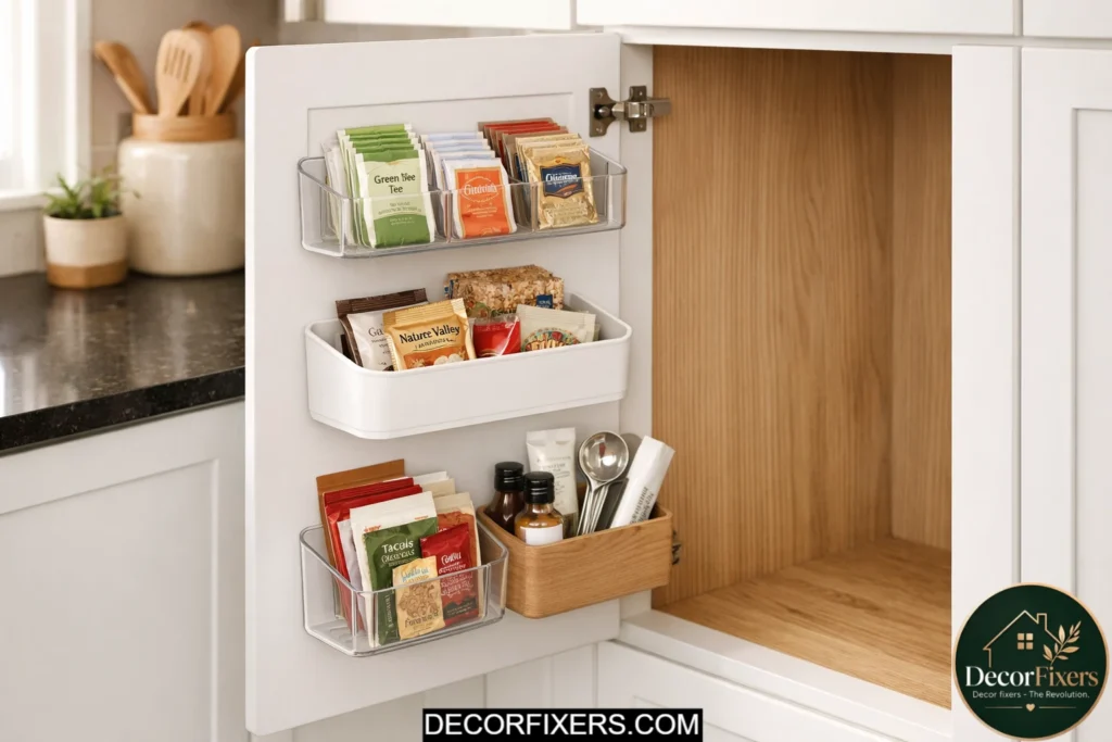 Adhesive door organizer bins adding extra storage inside kitchen cabinets
